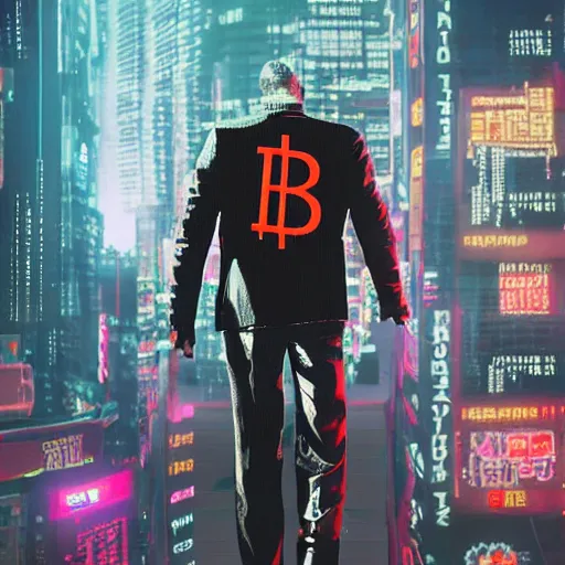 Prompt: crowd running scared from a giant with a bitcoin in his head, cyberpunk art, hyper-realistic, 4k