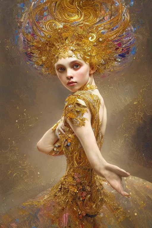 Prompt: an intricate painting of a beautiful young ballerina covered in silk clothes with klimt golden motives and textures, hyper detailed, ornamental gold headpiece, octane render, vivid colors, artstation, by jeremy mann, by alphonse mucha, by boris vallejo