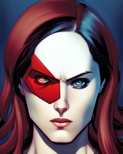 Image similar to phil noto comicbook cover art, artgerm, female domino marvel, black spot right eye, symmetrical eyes, long red hair, full body, city rooftop