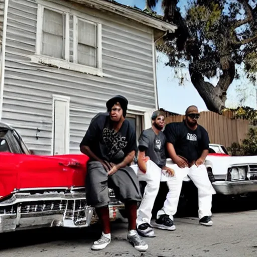 Image similar to Bloods gang posing in front of old house on Los Angeles street, two red lowrider beside