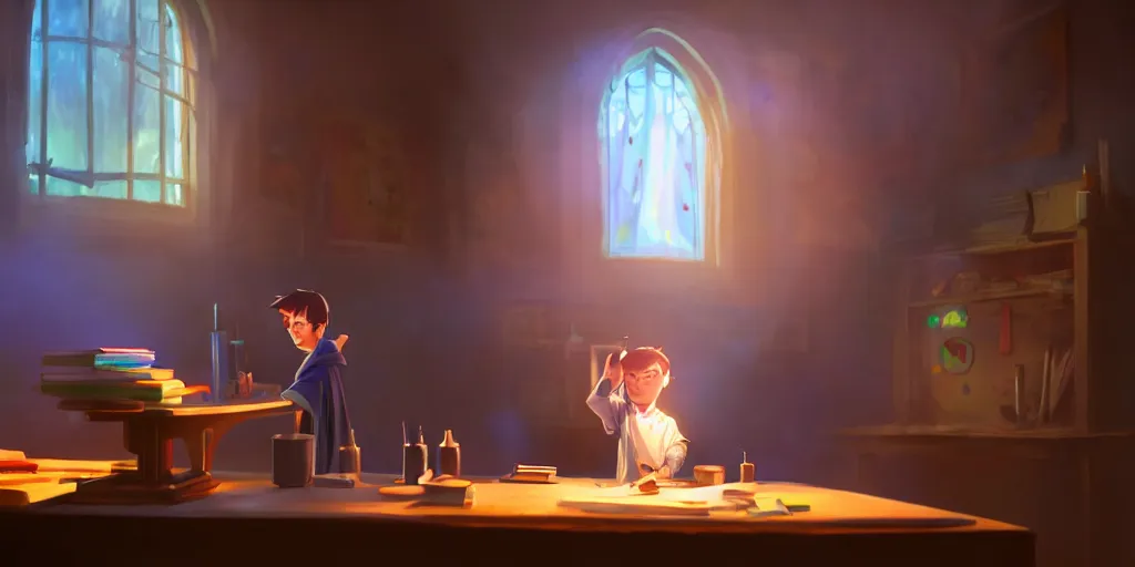 Image similar to a young boy mage with a cloak is standing at his desk working on a experiment, bubbling potions, colorful, light rays, medium shot, waist up, pixar and disney animation, sharp, rendered in unreal engine 5, by greg rutkowski and makoto shinkai, bloom, dramatic lighting, cinematic