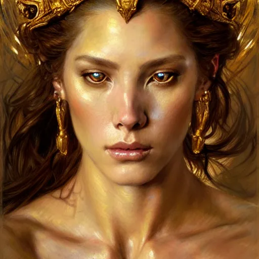 Image similar to highly detailed portrait of a majestic lioness queen in the form of a beautiful woman. d & d. art by donato giancola, eugene delacroix, ruan jia, gaston bussiere. trending on artstation, intricate details, energetic composition, golden ratio, concept art, illustration, elegant art, global illuminaition