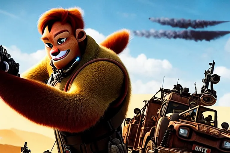 Image similar to nick wilde, heavily armed and armored facing down armageddon in a dark and gritty reboot from the makers of mad max : fury road