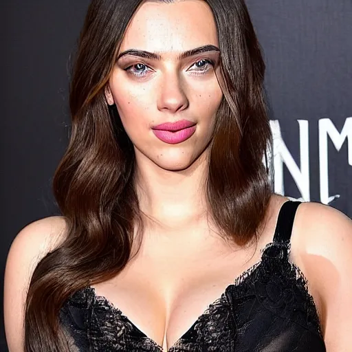 Image similar to a woman who is a genetic combination of kim kardashian and kat dennings and scarlett johansson and margot robbie and emma watson, face and upper - body focus