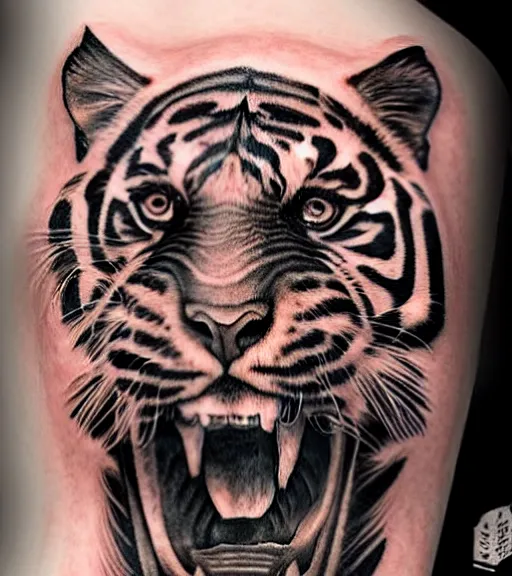 Image similar to tattoo design of a beautiful girl warrior under a tiger head, hyper realistic, realism tattoo, by eliot kohek, beautiful eyes, realistic face, black and white, white background