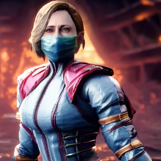 Prompt: Vera Farmiga in Mortal Kombat 11, ps5 cinematic screen capture, 4k