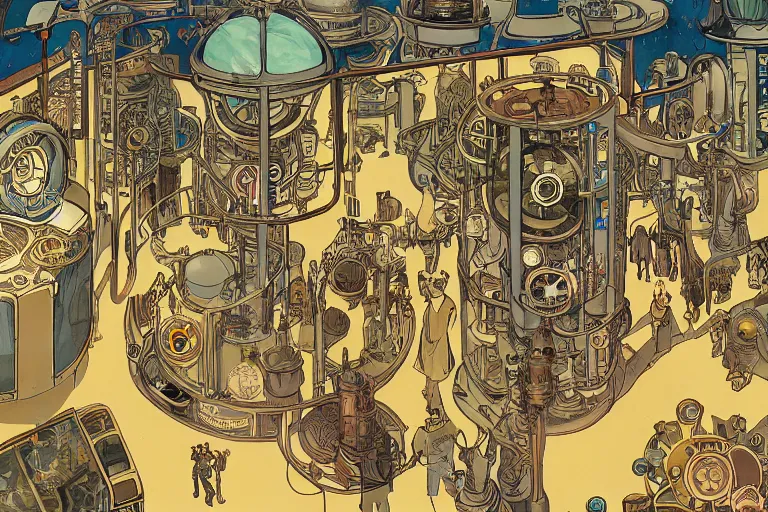 Image similar to top view on steampunk lab with big vapor tubes and alchemy equipment, kid and mad scientist working, giant video screens, sci - fi vending machine, clock, retrofuturism, concept art by mucha and moebius and victo ngai, clean line, diesel punk