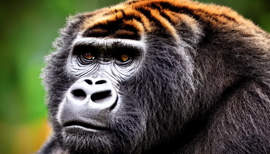 Image similar to a tiger gorilla!!! hybrid! hyper realistic!! realistic lighting!! wildlife photographer of the year!!! bold natural colors, national geographic, hd, wide angle, 8 k