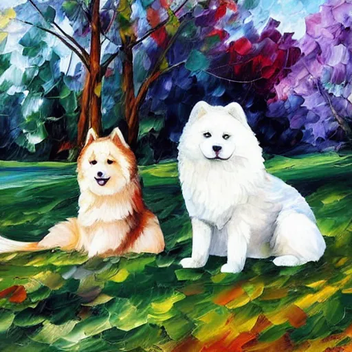 Prompt: a samoyed dog sitting next to a grey scottish fold cat in the middle of sunny meadow, by leonid afremov