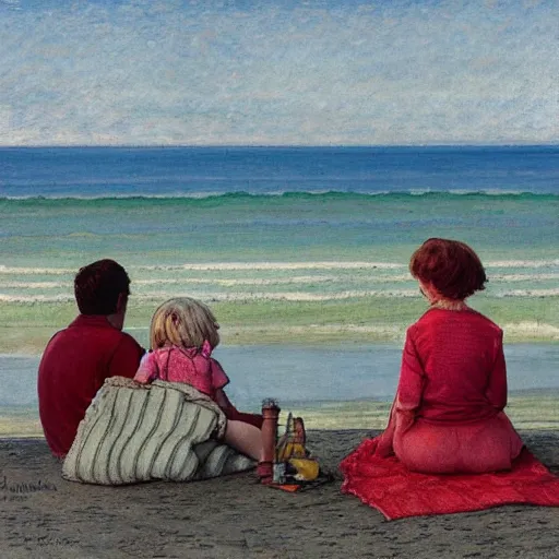 Prompt: a nine year old blonde girl and her two parents sit on a blanket at the beach and watch through sun go down in the style of Carl larsson