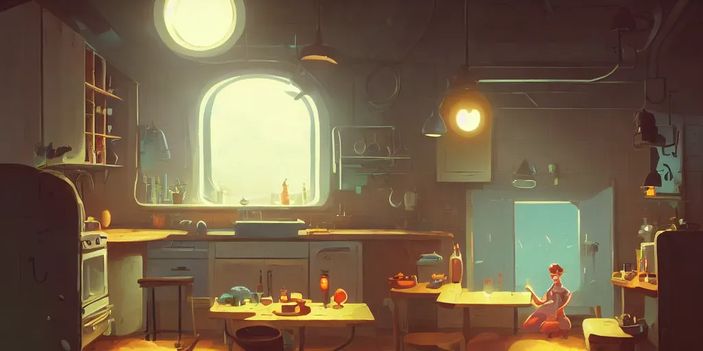 Image similar to cute solitary kitchen dim lit by a candle ripped physique simon stalenhag gerald brom bastien grivet by greg rutkowski game background fisheye lens day of the tentacle, 3 point perspective