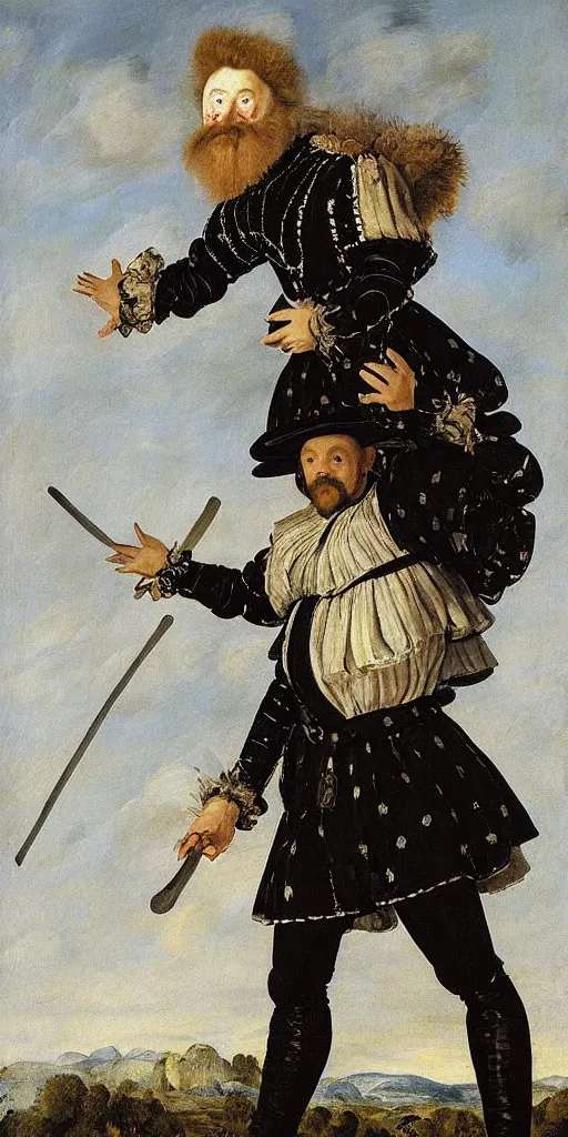 Image similar to faceless man flies over a landscape, he is wearing a comedy mask, he is wearing elizabethan boots and ruff, he carries a broadsword in his left hand, painted by frans hals, dramatic theater lighting