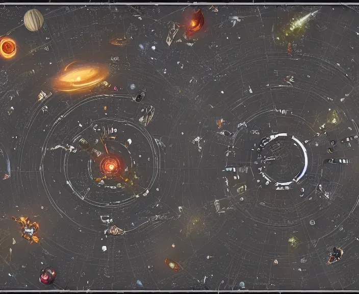 Image similar to a space junkyard forming a tilted disk in black starless space, a graveyard of space stations and giant space structures, dark sci - fi game map with solid black background, everything fits on the screen