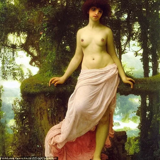 Image similar to a renaissance oil painting by alma tadema of a minion turned back on a stone balcony covered in moss with over shoulder view on a magical jungle, colourful pastel, detailed academic bouguereau, sharp focus, long shot