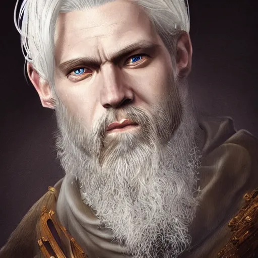 Image similar to Magnificent portrait of a Nordic God father with white hair, fantasy, medieval, highly detailed, Artstation