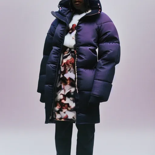 Image similar to realistic photoshooting for a new balenciaga lookbook, color film photography, portrait of a beautiful woman, woman is wearing a puffer jacket, in style of Tyler Mitchell, 35mm,