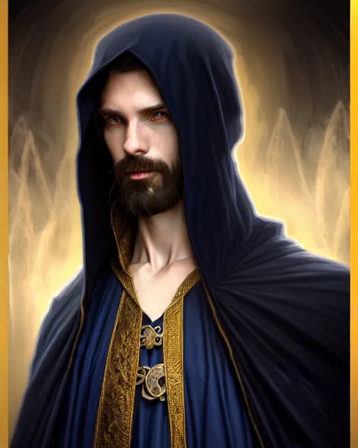Prompt: handsome male wizard at the end of time, long black hair blue eyes young face wearing cloth mantle gothic navy cloak with gold details, cave town, fantasy character portrait, ultra realistic, intricate, elegant, cinematic lighting, highly detailed, digital painting, artstation, smooth, sharp, focus, illustration, art by artgerm and greg rutkowski and alphonse mucha