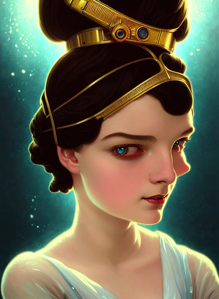 Image similar to symmetry!! portrait of a young elizabeth from bioshock, vintage dress, glowing headband!! underwater atmosphere, intricate, serene, highly detailed, digital painting, artstation, symmetric concept art, smooth, sharp focus, illustration, art by artgerm and greg rutkowski and alphonse mucha, 8 k