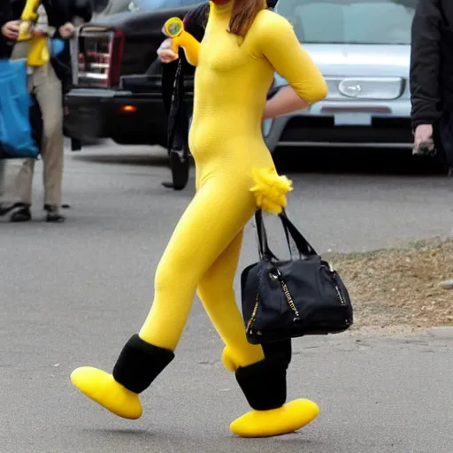 Image similar to emma watson in a banana mascot suit