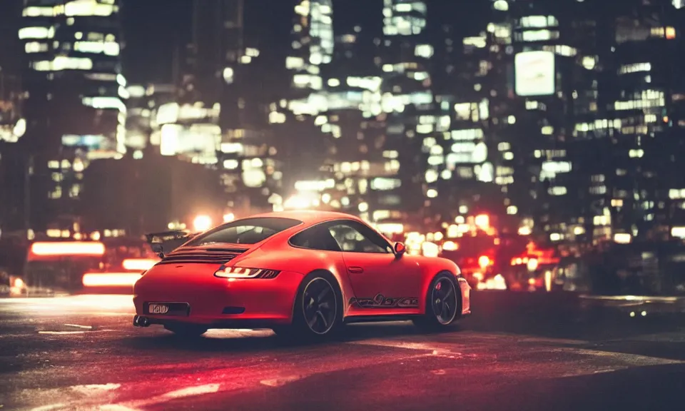 Image similar to photo of a porsche 911 at night drifting through a city, cinematic, 4k, long exposure photography, tokyo drift, fast and furious, film still, night photography, motion blur, lens flare, movie shot, light trail, distortion, wide angle, reflections