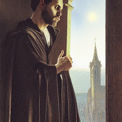 Image similar to Close up of a young, thin and stern catholic priest in his thirties fervently praying as he is about to die from the ominous terrifying Lovecraftian yellow shadow descending upon him from the night sky. he is at the top of a medieval tower. Low angle, dramatic lighting. Art by Greg Rutkowski and Alphonse Mucha