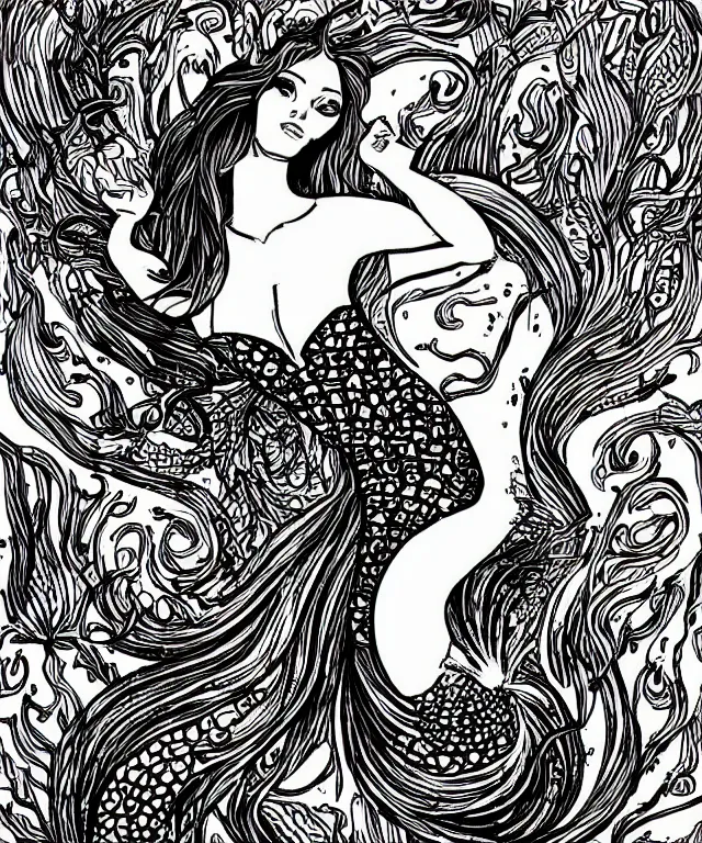 Prompt: black and white illustration, beautiful mermaid