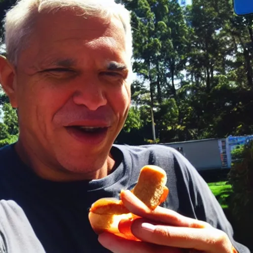 Image similar to selfie photo taken by barack obama while holding a hotdog, wide angle