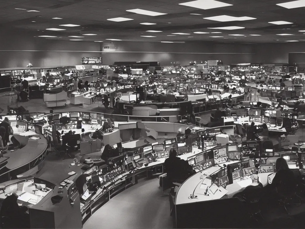 Image similar to 1970s NASA mission control, realistic lighting, concept art, moody ambient lighting