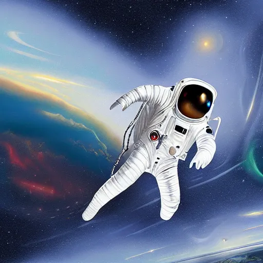 Image similar to a hyper realistic digital painting of a dinosaur in an astronaut suit in space