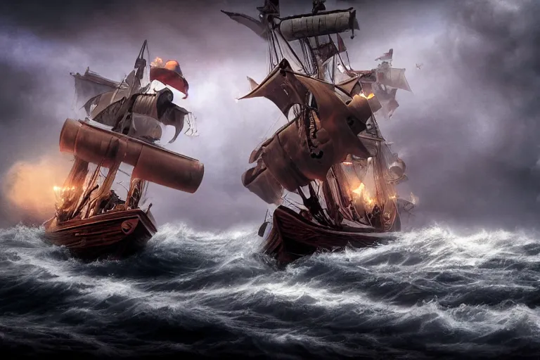 Image similar to epic pirate ship cannon battle in a storm, in the style of vernon grant and chris van allsburg, raging stormy sea, trending on artstation, bright tilt - shift camcorder effect, photoshop, retrowave, hyperrealism, octane, sharp focus, masterpiece