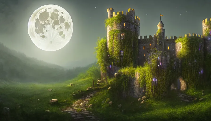 Image similar to a living castle, vines, forest, hyperrealistic, highly detailed, cinematic, single ray of moon, dark sky, beautiful, cgssociety, artstation, 8 k, oil painting