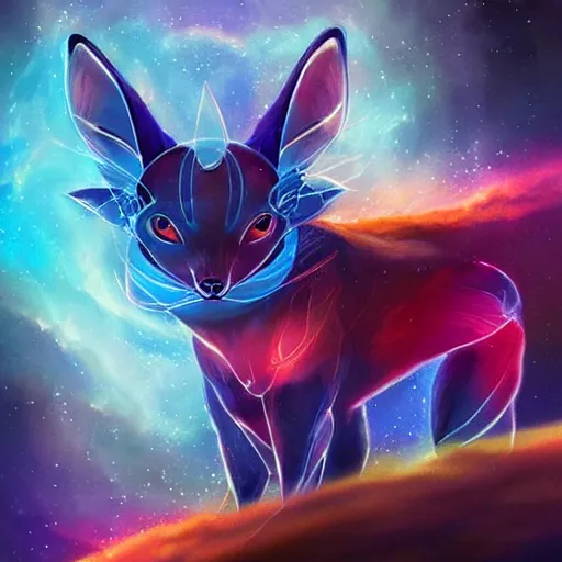 Image similar to geometric symmetrical flareon with galaxy eyes in space, nebula in the background, intricate, elegant, highly detailed, digital painting, artstation, concept art, smooth, sharp focus, illustration, art by artgerm