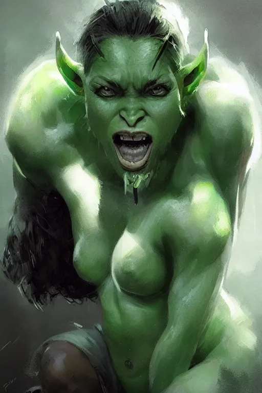 Image similar to green orc female with human face, light green tone beautiful face, muscular body, by artgerm, by greg rutkowski, by jeremy mann, digital painting