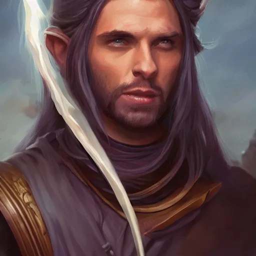 Image similar to male tiefling painter with long tied hair, full body portrait, lightning fantasy magic, medieval city background, D&D, highly detailed, digital painting, HD, ArtStation, great composition, concept art, matte, sharp focus, illustration, art by artgerm and Greg Rutkowski