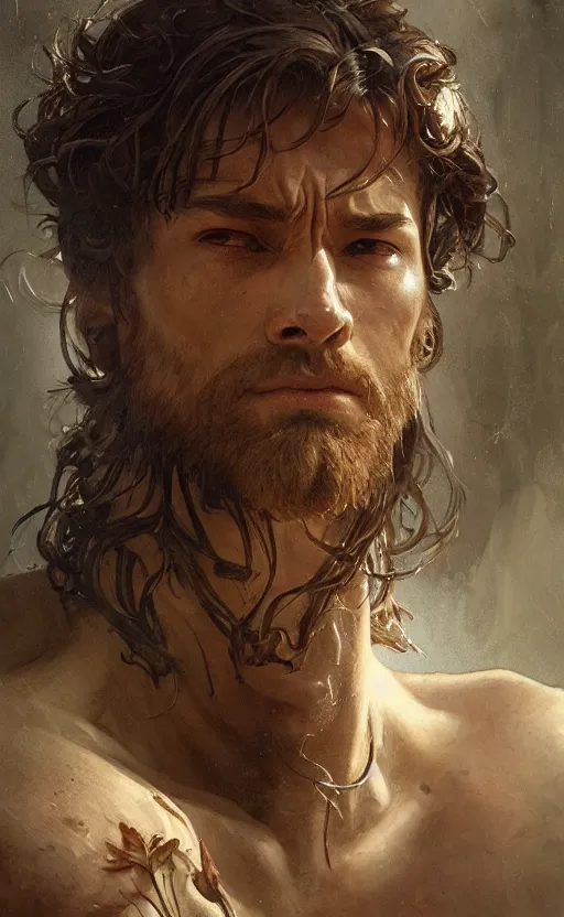 Image similar to god of the forest, 3 0 years old, rugged, handsome, male, detailed face, clean lines, atmospheric lighting, amazing, full body, flowers, muscular, intricate, highly detailed, digital painting, artstation, concept art, sharp focus, illustration, art by greg rutkowski and alphonse mucha