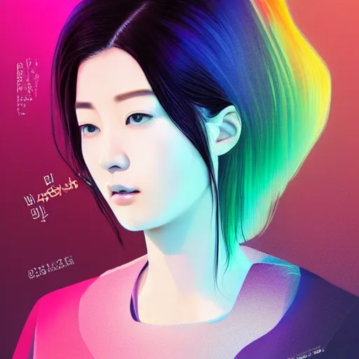 Prompt: half - electric jun ji hyun with cute - fine - face, pretty face, oil slick multicolored hair, perfect face, extremely fine details, volumetric lighting, dynamic background, poster by ilya kuvshinov