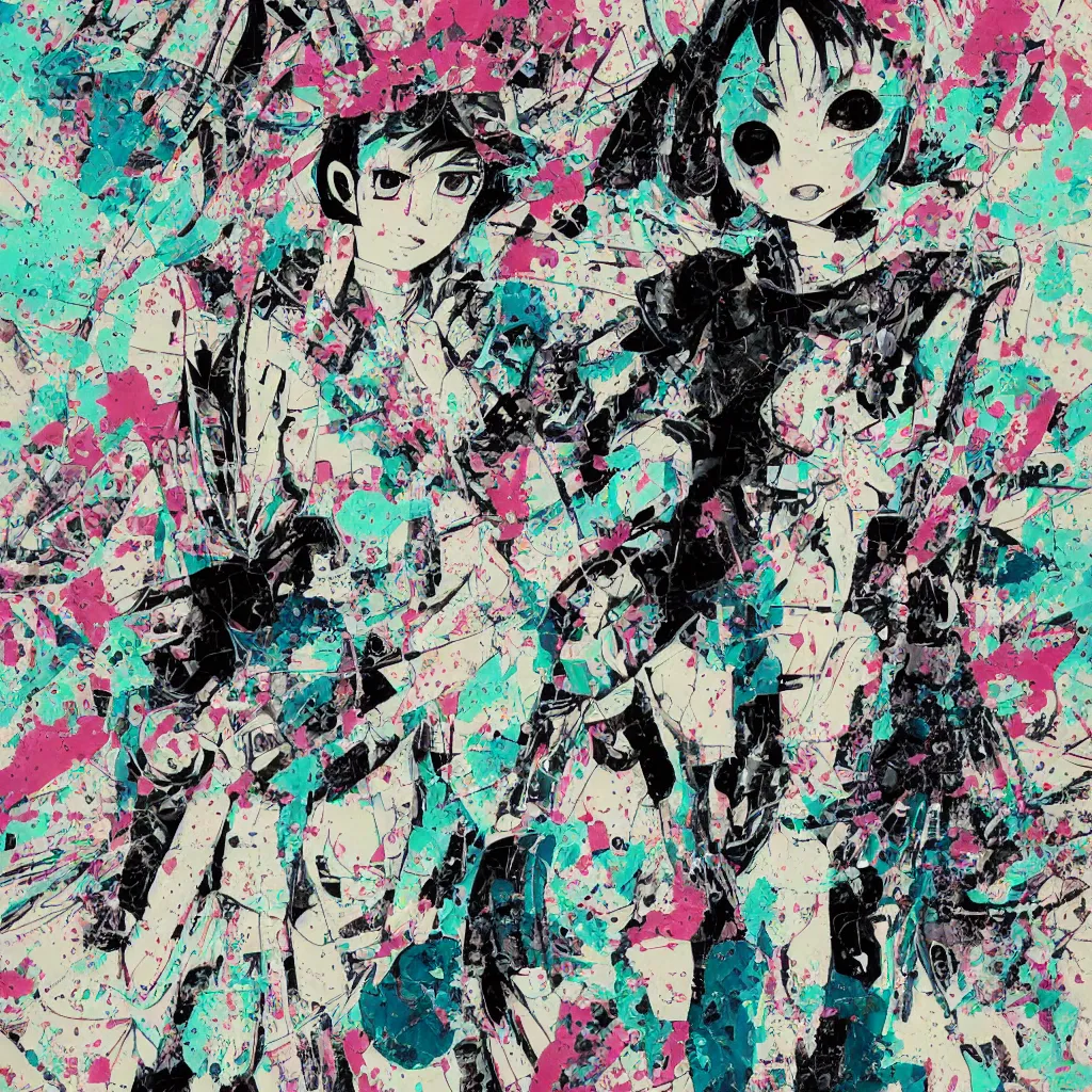 Prompt: girl figure, abstract, jet set radio artwork, ryuta ueda artwork, cryptic, rips, spots, fabric, asymmetry, stipple, lines, glitches, color tearing, pitch bending, stripes, bandages, guts, eerie, hearts, minimal, points, otomo katsuhiro artwork, technical, natsumi mukai artwrok, folds