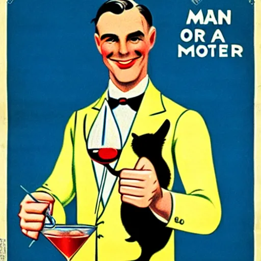 Image similar to a man holding a martini with an otter swimming in it while the otter gives a thumbs up in a 1 9 2 0 s advertisement poster