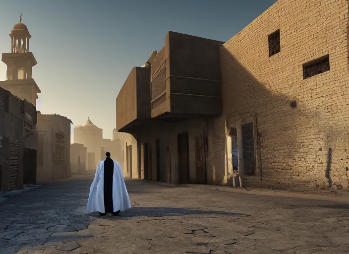 Prompt: old jeddah city alley, roshan, old shops, horse, magical time gate to another dimension, a man wearing a white robe standing watching over, dramatic lighting, dawn, by caspar david friedrich, unreal engine 5