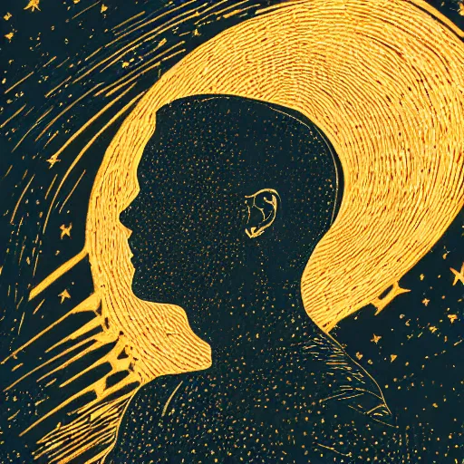 Prompt: Woodcut portrait of me falling into the stars by greg rutkowski, 4k, intricate details