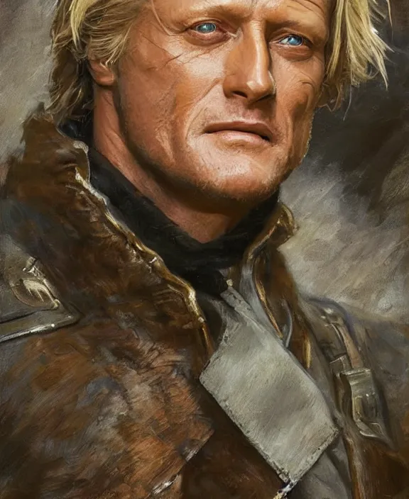 Image similar to portrait of rutger hauer, joyful, highly detailed painting by gaston bussiere, craig mullins, j. c. leyendecker 8 k,