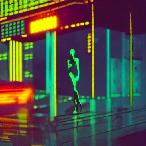 Image similar to a beautiful slim blue holographic woman standing in a future city, night, rain, film grain, neon signs, blade runner style