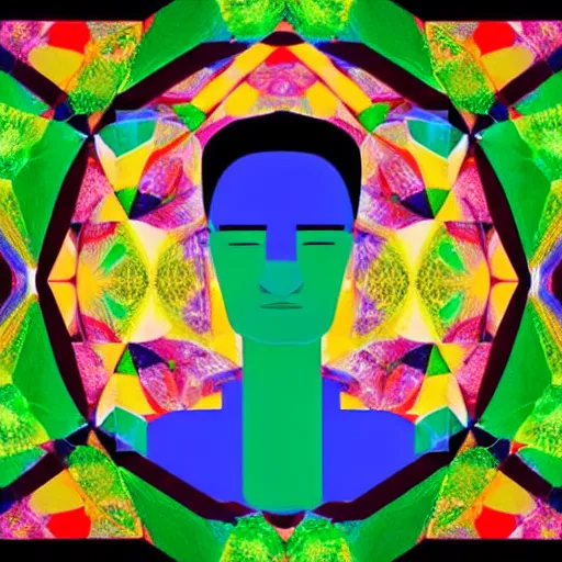 Prompt: A beautiful art installation of a man with a large head, sitting in what appears to be a meditative pose. His eyes are closed and he has a serene look on his face. His body is made up of colorful geometric shapes and patterns that twist and turn in different directions. It's almost as if he's sitting in the middle of a kaleidoscope! art deco by Bo Bartlett brash