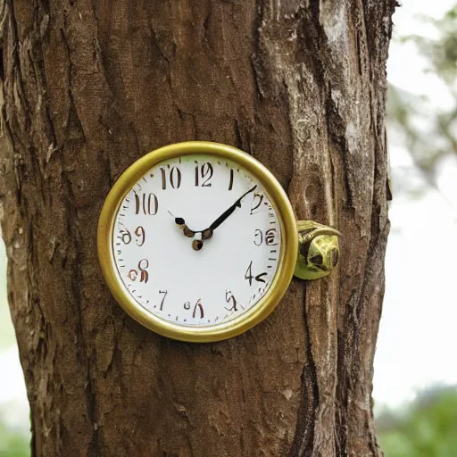 Prompt: brass clock embedded in a tree trunk