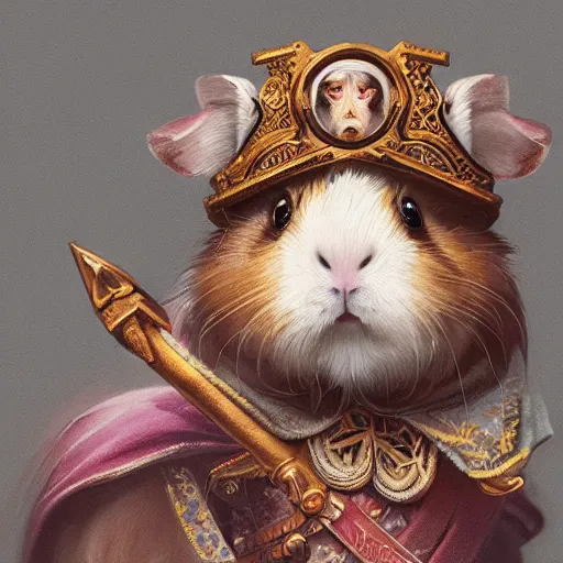 Image similar to A heraldic Prince Guinea Pig with big cute eyes, D&D, fantasy, intricate, cinematic lighting, highly detailed, digital painting, artstation, concept art, smooth, sharp focus, illustration, art by Akihiko Yoshida, Greg Rutkowski and Alphonse Mucha