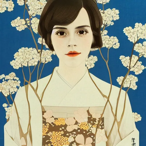 Image similar to emma watson portrait by ikenaga yasunari and ayana otake and ko rakusui, 6 0 s poster, drawing, realistic, sharp focus, japanese, dreamy, nostalgia, faded, golden hues, floral clothes