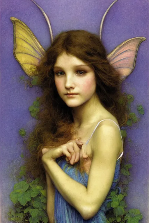 Image similar to headshot portrait of a beautiful faerie, golden ratio, detailed, rainbowshift, by maxfield parrish, john william waterhouse, brian froud