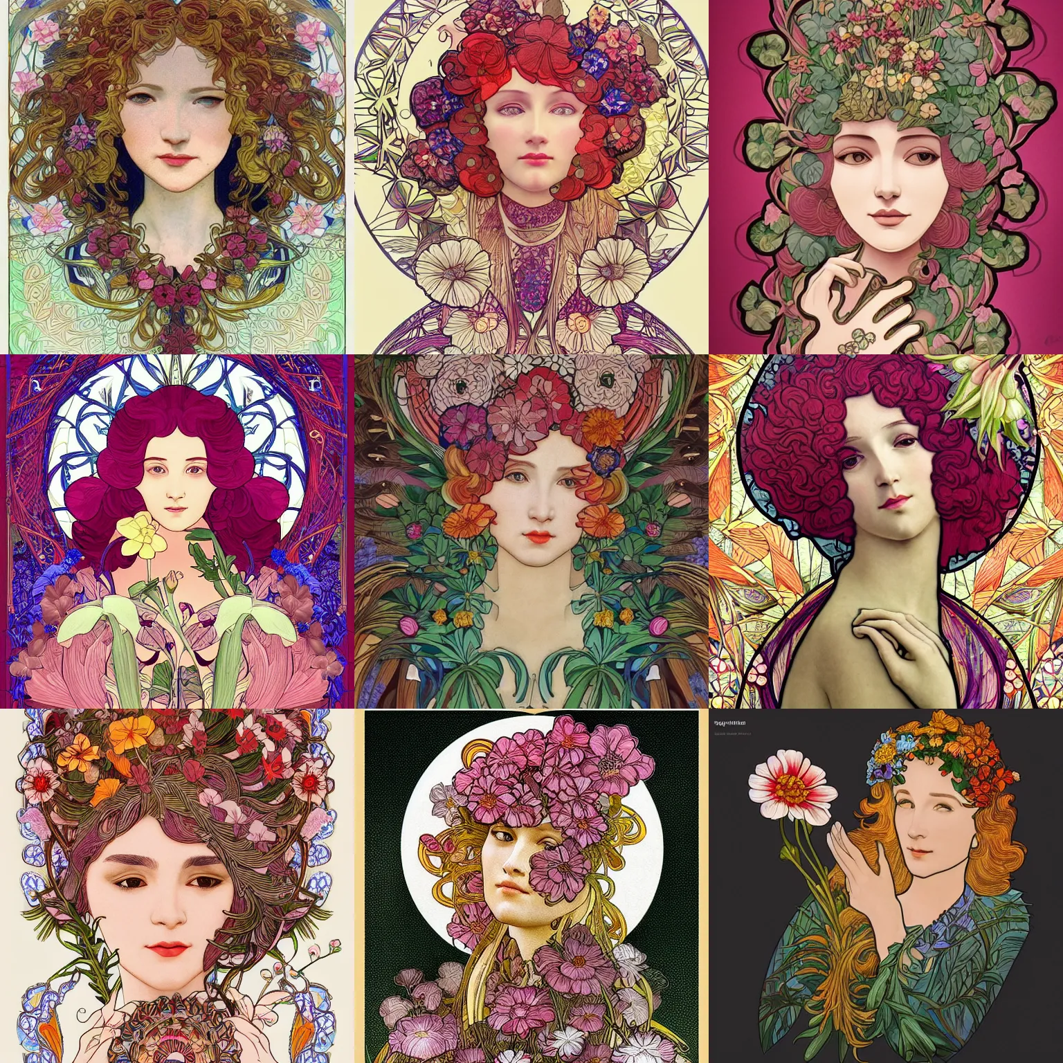 Prompt: flower, flower, flower in the style of Frank Lloyd Wright and Sandro Botticelli and Alfons Mucha, intricate detail, beautiful eyes, trending on artstation