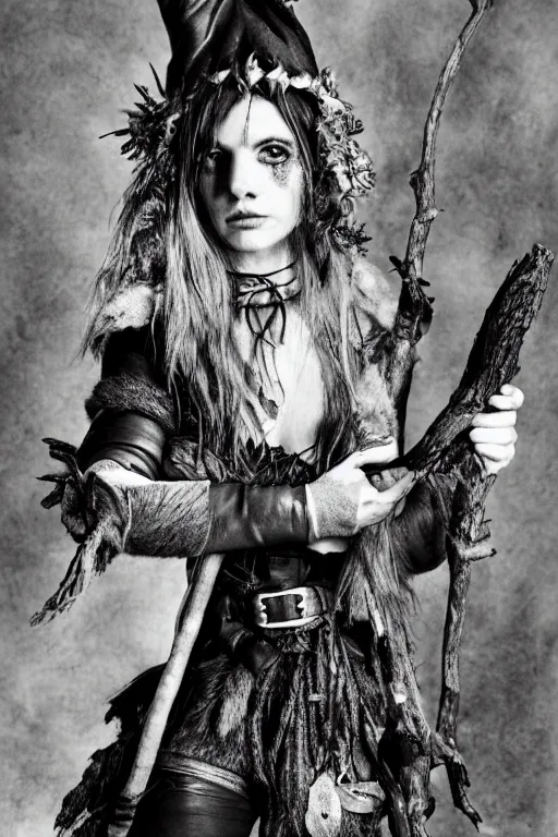 Image similar to a determined dnd deep gnome druid with leather clothing and leaves and sticks in her hair, photo by annie leibovitz b&w