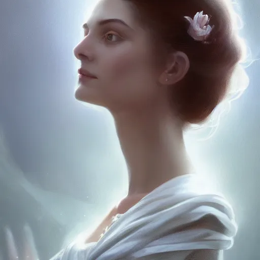 Image similar to epic portrait a beautiful woman wearing a white blouse and short sleeves, digital painting, artstation, concept art, soft light, hdri, smooth, sharp focus, illustration, fantasy, intricate, elegant, highly detailed, D&D, matte painting, in the style of Greg Rutkowski and Alphonse Mucha and artemisia, 8k, highly detailed, jurgens, rutkowski, bouguereau, pastoral, rustic, georgic, detailed concept art, illustration, colorful pastel, painting, detail, ultra detailed, digital art, octane render, 4K,